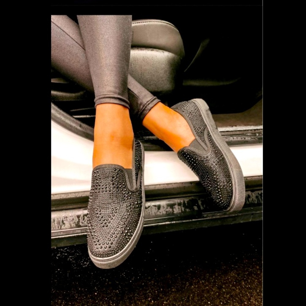 Black rhinestone slipon shoes. Size 8